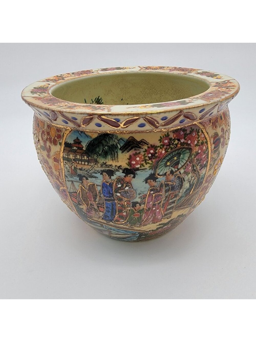 Vintage Satsuma Goldfish Planter Handpainted Geisha Scene